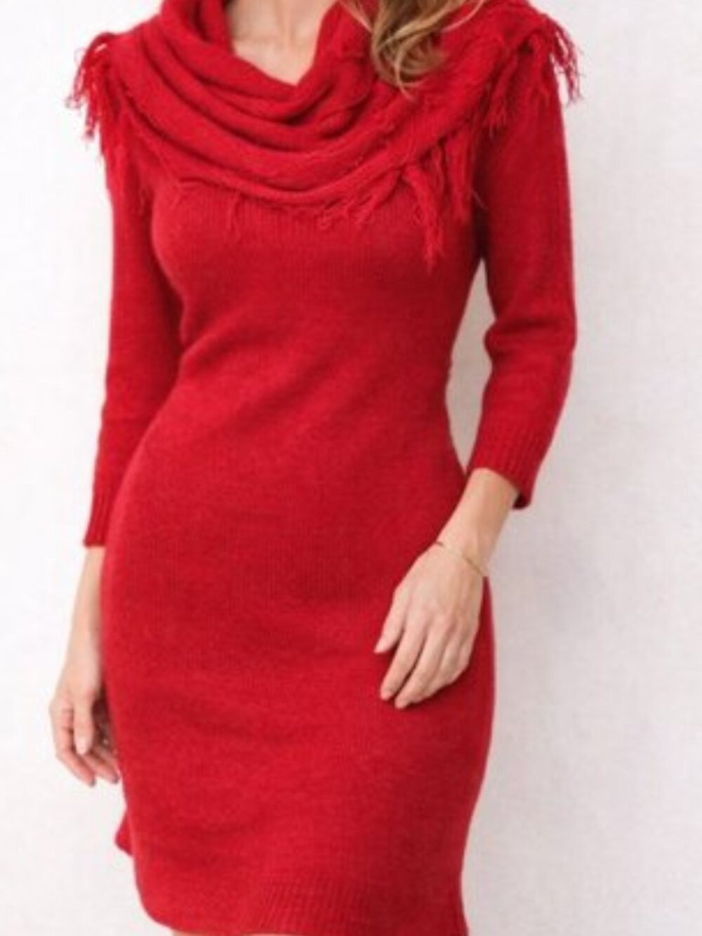 Jennifer Lauren Women Large Fringe Cowl Neck Knitted Red Sweater Dress